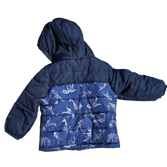 OshKosh Bgosh Boys 5T Navy Blue Dinosaur Skeleton Print Hooded Puffer Coat - Picture 2 of 3